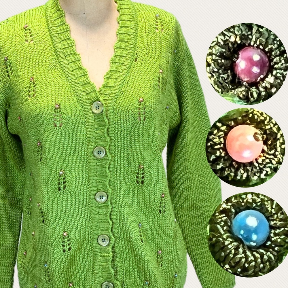 Jewel adorned knit sweater cardigan multicolor beads cutout lace button front